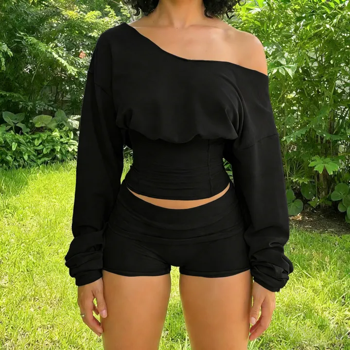 SUCHCUTE%20Woman%202%20Piece%20Set%20%20Slash%20Neck%20Long%20Sleeve%20Crop%20Tops%20+%20Shorts%20Tracksuits%20Casual%20Solid%20Two%20Piece%20Outfits%20Spring%202pcs%20-%20Image%204