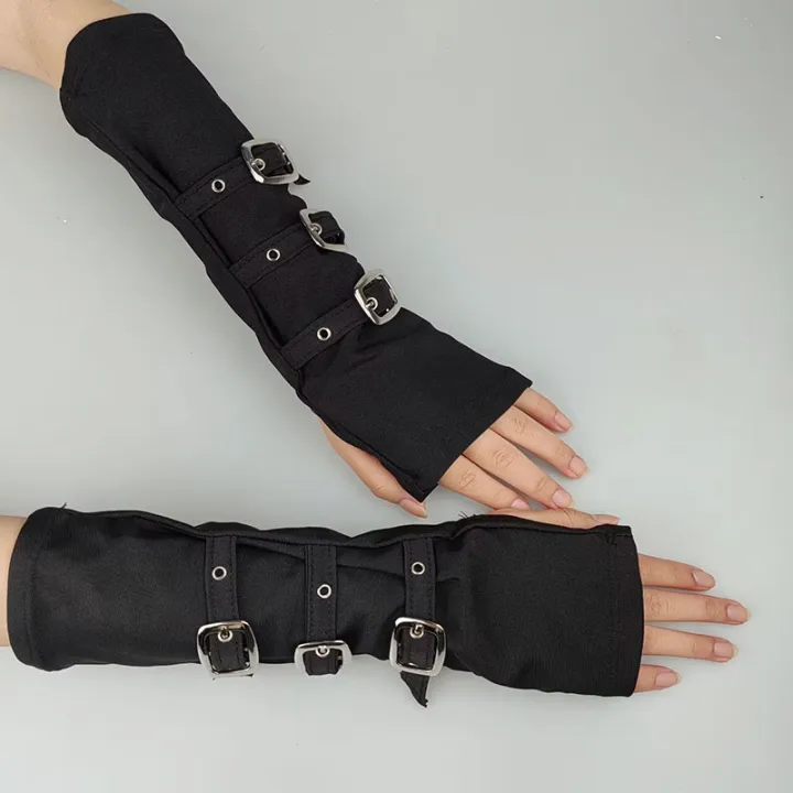 Women%20Half%20Finger%20Metal%20Buckle%20Belt%20Rivet%20Punk%20Hip%20Hop%20Party%20Cosplay%20Dance%20Mitten%20Black%20Fingerless%20Milk%20Silk%20Glove%20Cuff%20R46%20-%20Image%202