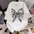 Summer Fashion Trendy Bow Printing Round Neck T-shirt Short Sleeve Large Size Universal Top for Men and Women.
