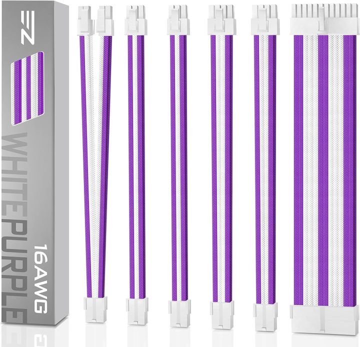 EZDIY-FAB PSU Cable Extension kit Sleeved Cable Custom Power Supply Sleeved Extension 16 AWG 24- PIN 8-PIN 6-PIN 4+4-PIN with White Combs-White Connector-White