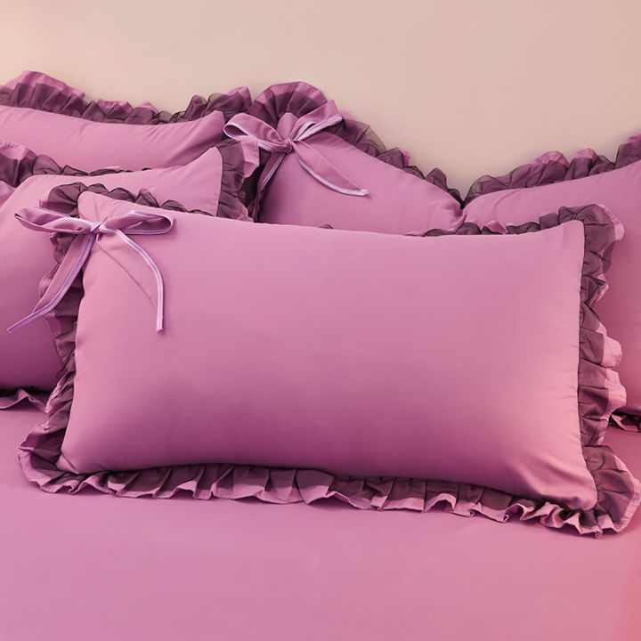 Korean Princess Style Pillowcase with Large Lace Ruffle Girls Home Bedroom Decorative Soft Washed Cotton Pillow Cover 48x74cm