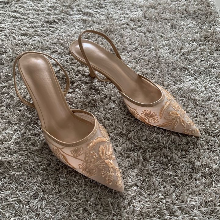 Mesh Embroidered Fashion Sandals Women String Bead High Heels Mules Shoes Pointed Toe Slingback Slippers Women Zapatos De Mujer