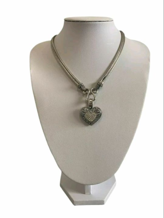 Lia Sophia Signed Double Strand Silver Tone Snake Chain Heart ❤️ Pendant Necklace 3D Scroll