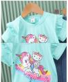 2024 New Children's Set Girls' Summer Cartoon Printed Short Sleeve+Cowboy Pants Infant Fashion Set 0-4 Years Old. 