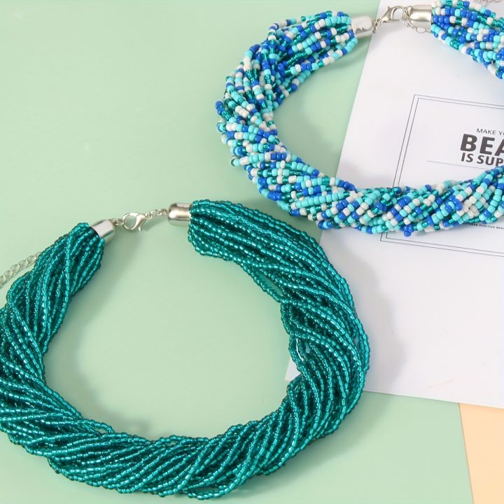 1pc%20Bohemian%20Green%20Blue%20Fashionable%20Elegant%20Simple%20Multi%20Layer%20Rice%20Bead%20Necklace%20Women's%20Clavicle%20Chain%20-%20Image%202