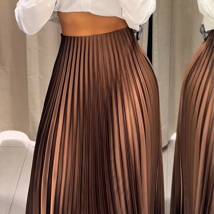 HXAO%20Women's%20Pleated%20Skirt%20Summer%20Brown%20Ruffle%20Skirt%20Cylinder%20Pleats%20Mid%20Waist%20Midi%20Skirt%20Fashion%20Elegant%20Women%20Long%20Skirt%202025%20-%20Image%203