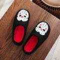 A Pair of Black Halloween Horror Mask Skull Pattern Embroidered Plush Home Thick-Soled Comfortable Slippers, Personalized Warm Non-Slip Indoor Slippers, Autumn and Winter , Suitable for Both Men and Women.