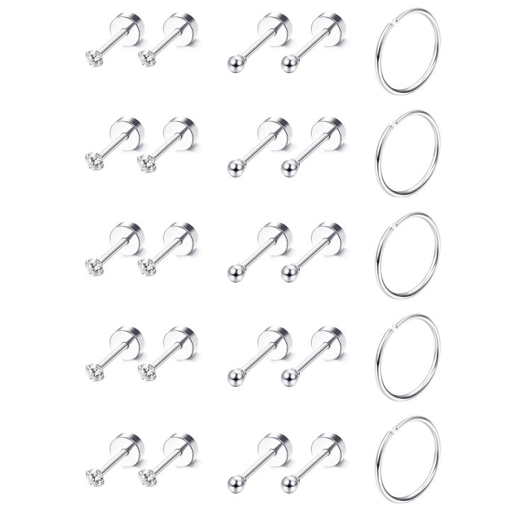 2pcs Tiny Surgical Stainless Steel 2mm Small CZ Dot Ball Flat Screw Back Stud Earrings Ear Piercing Hoop Jewelry Set