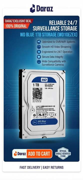 Western Digital WD Blue 1TB Hard Drive (WD10EZEX) - 7200 RPM 64MB Cache 3.5" SATA Internal HDD for Desktop PC, DVR & CCTV Surveillance Systems