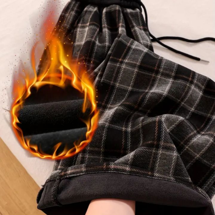 Winter Plaid Wide-Legged Pants for Women High-Waisted and Loose Fit Fleece-Lined Thickened Lamb Wool Casual and Warm Pants
