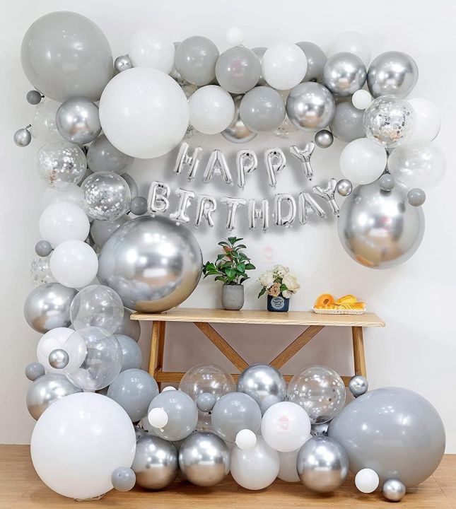 set of 62 Pc silver Birthday Decoration Kit– Silver and White Balloons Combo with Birthday Banner, Arc, Glue Dot for girls Kids Baby Birthday Decoration Items white with purple combination..whit golden combination| Birthday Decoration Combo 