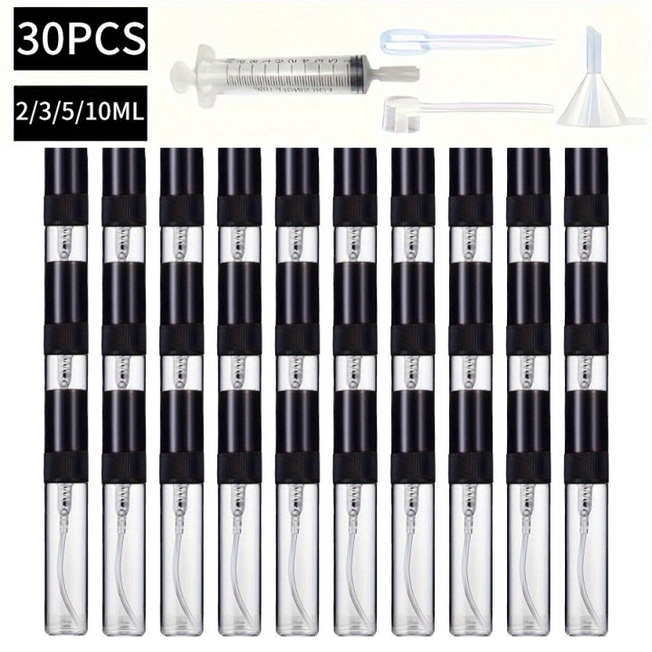 30pcs+4 accessories 2/3/5/10ML glass spray bottle-contains 30 spray bottles, 1 funnel, 1 dispensing artifact, 1 straw, 1 syringe