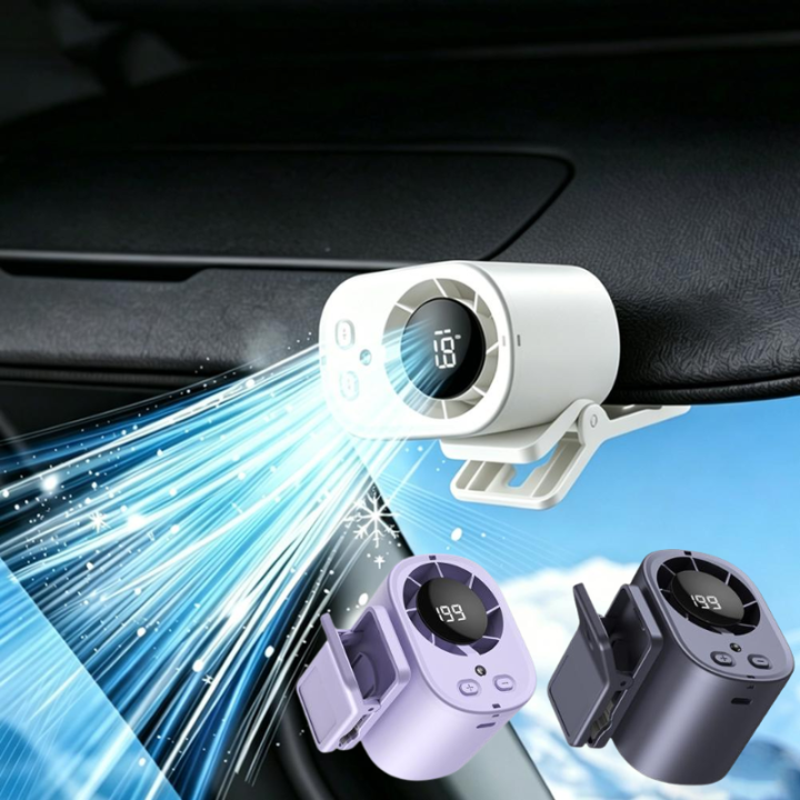 Mini Clip-On Car Fan With Temperature Display Summer Cooling USB Rechargeable Fan For Car Sun Visor White Gray Purple
