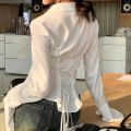 Fashion Women Bandage Shirts Korean All Match Streetwear Female Slim Blouse Spring Casual White Bell Sleeve Shirt New.