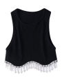 High Street Hem Tassel Diamond Beading Knitting T Shirt Chic Short Camis Tank Lady Slim Crop Vest Tops.