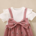 Summer female infant floral print short-sleeved overalls and bow headgear. 