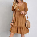 Summer Casual Women Elegant Short Sleeve V Neck Ruffles Dress Solid Loose Mini Dress Chic Bohemian Sundress Beach Party Vestidos.