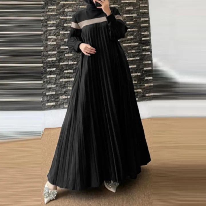 ZANZEA%20Autumn%20Women%20Muslim%20Dress%20Turkey%20Abaya%20Elegant%20Long%20Lantern%20Sleeve%20Patchwork%20Sundress%20Pleated%20Vestidos%20Islamic%20Dubai%20Robe%20-%20Image%207