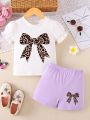 Children Eden 0-3yrs old newborn baby girl leopard bowknot ruffle short sleeve t-shirt purple shorts summer clothing sets for in.