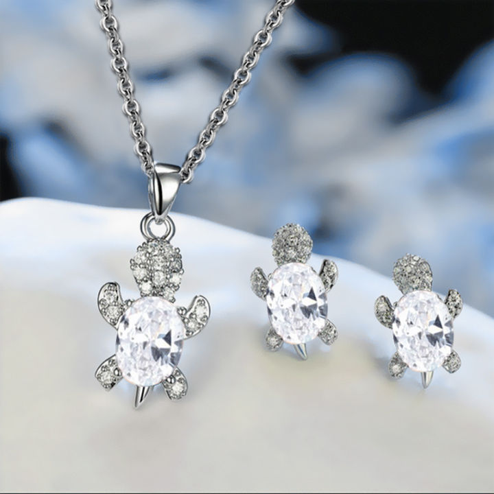 3pcs%20Silver-plated%20Necklace%20Earrings%20Set%20Ladies%20Light%20Luxury%20Fashion%20Style%20Turtle%20Shape%20With%20Multi%20Color%20Glass%20Diamond%20-%20Image%202