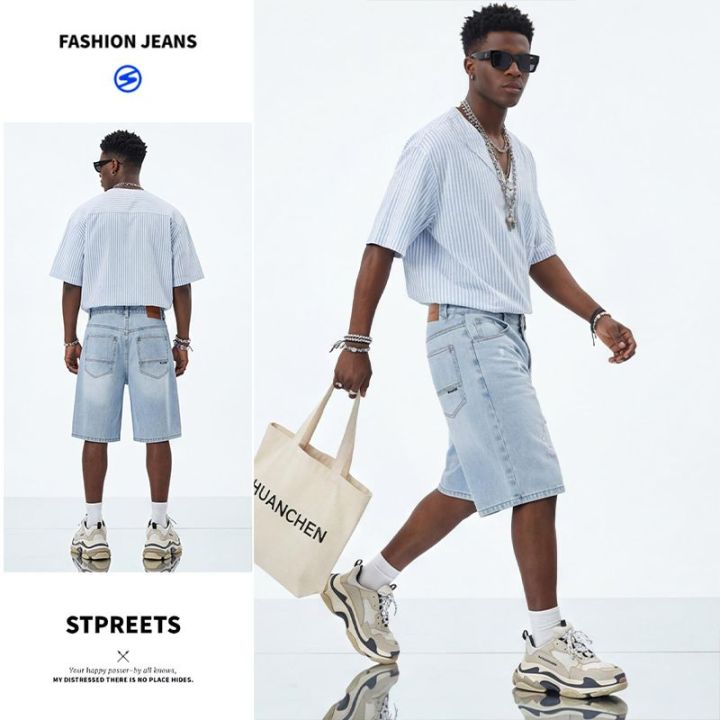 Men's%20and%20women's%20blue%20ripped%20jeans%20trendy%20American%20loose%20straight%20leg%20non%20stretch%20casual%20shorts%20suitable%20for%20summer%20street%20wear%20-%20Image%204