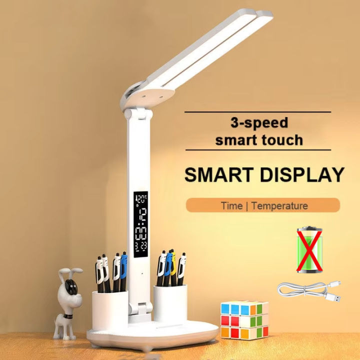 LED Clock Table Lamp USB Chargeable Dimmable Desk Lamp 2 Heads 180 Rotate Foldable Eye Protection Reading Night Light