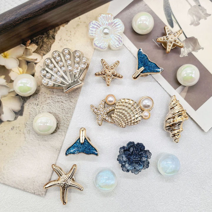 16PCS Ocean Conch Starfish Shoe Charms DIY Accessories Beach Shell Clogs Shoe Buckles Decorations Flower Faux Pearls Shoe Clips