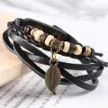 4Pcs/ Set Braided Wrap Leather Bracelets for Men Vintage Life Tree Rudder Charm Wood Beads Ethnic Tribal Wristband Rope Bracelet. 