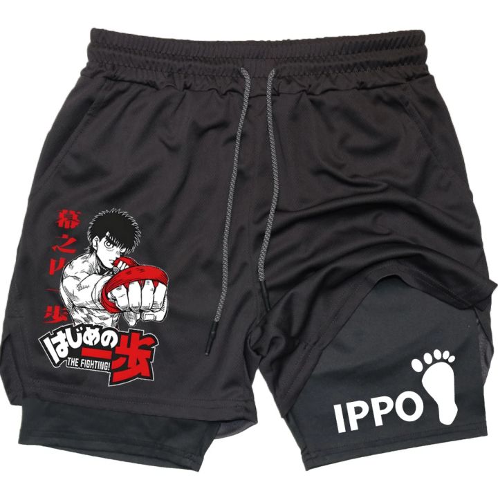 IPPO Anime Gym Shorts Men Boxing Gothic Manga 2 in 1 Compression Performance Shorts Quick Dry Athletics Short Pants Summer