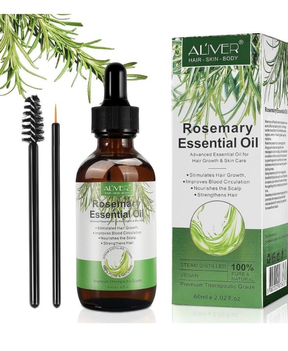 ALIVER Rosemary Essential Oil for Hair Growth, Enhanced Shine, 100% Pure Natural, Nourishment Scalp, Improves Blood Circulation, Best Serum for Skin, 2 fl oz