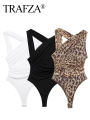 TRAFZA Leopard Print Jumpsuit Women Tulle Ruched Irregular Lady Bodysuit 2024 Summer Backless Beach Slim Halter Playsuit. 