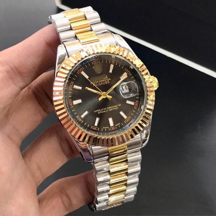 Premium Quartz Two-Tone Stainless Steel Watch For Men with White Dial, Gold Bezel, and Date Display Men's Wrist Watch.