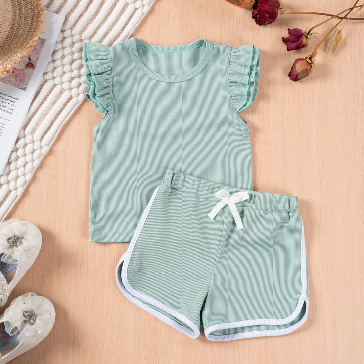Summer%20Baby%20Cute%20Girl%20Fly%20Sleeve%20Shorts%20T-Shirt%20Set%20Ruffle%20Costume%20Set%20Kids%20Kids%20Shorts%20Casual%20Wear%20Oufits%20-%20Image%204