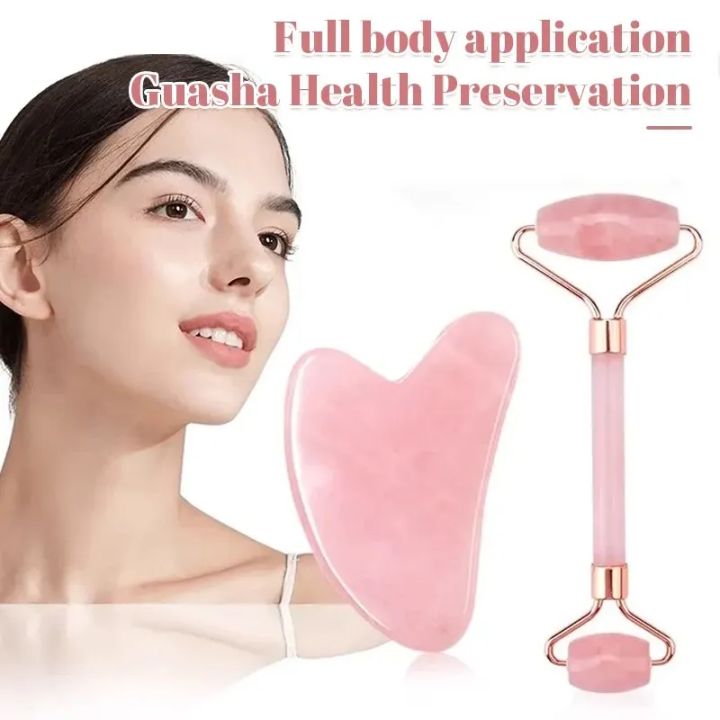 Jade Roller Gua Sha Set - Natural Rose Pink Color jade roller gua sha and Jade Facial Massager for Anti-Aging, Face Slimming, Lifting, Wrinkle Reduction, and Double Chin Removal - Gua sha Beauty Care Tool GuaSha Jade Roller