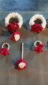 Handmade Artificial Flower Jewellery Set – 2 Gajray, Earrings, Teeka & Ring – Mehndi/Haldi Bridal Wear – dark pink & White. 
