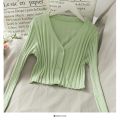 Women Acrylic Long Sleeve V-Neck Buttons Up Cardigan Shirt Slim Cropped Ribbed Knit Thin Solid Stretch Top Knitwear. 