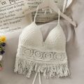Women Beach Crop Tops Hollow Cover-Ups Perspective Tassel Sexy Spaghetti Strap Swinwear Built In Bra Backlless Halter Neck. 