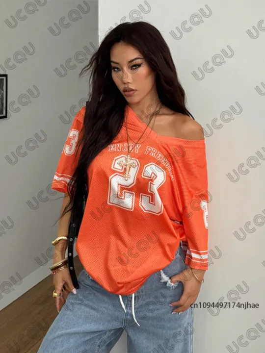 Orange%20Enjoy%20Freedom%2023%20Print%20T-Shirt%20For%20Women%20Summer%20New%20V-Neck%20Short%20Sleeve%20Sports%20Football%20Jersey%20Y2K%20Loose%20Oversized%20Tops%20-%20Image%203