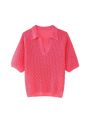 Women Fashion Pointelle Knit Loose Sweater Polo Collar Short Sleeve Female Pullovers Chic Tops. 