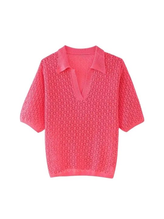 Women%20Fashion%20Pointelle%20Knit%20Loose%20Sweater%20Polo%20Collar%20Short%20Sleeve%20Female%20Pullovers%20Chic%20Tops%20-%20Image%202