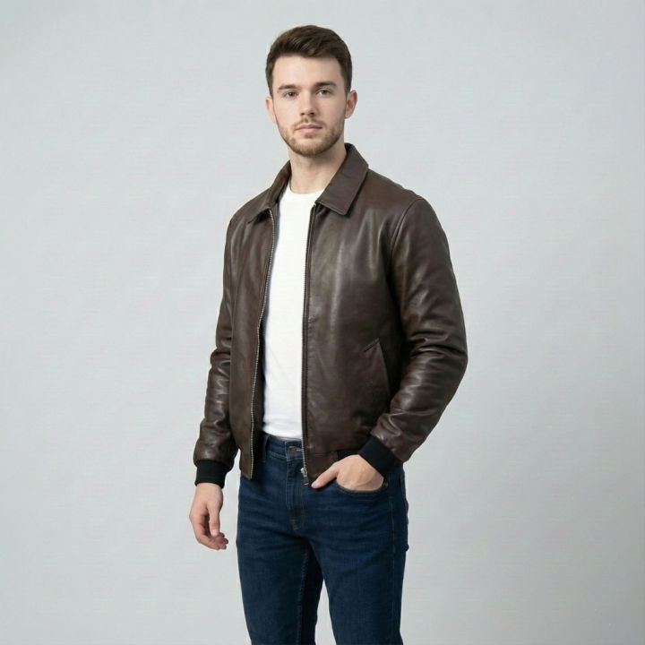 Men’s Faux Leather Bomber Jacket – Full Zip, Brown/Black - Image 6