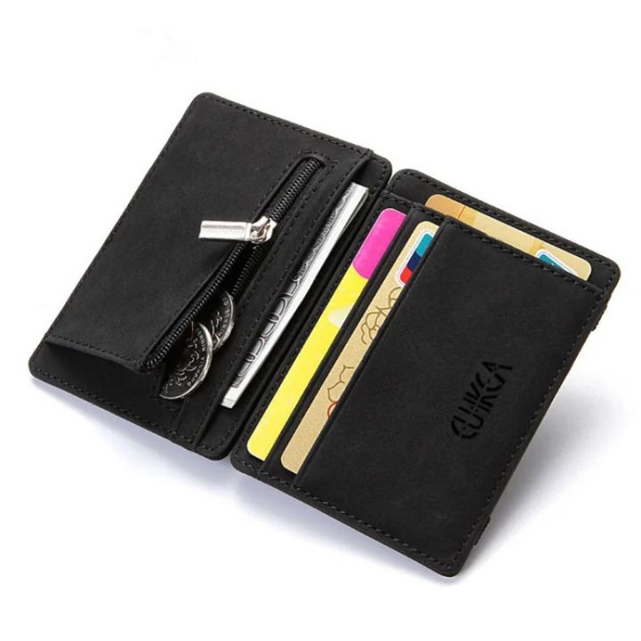 Men Ultra Thin PU Leather Mini Small Magic Wallet with Zipper Coin Pocket Purse Women Multifunction Credit Bank Card Holder Case Daraz.pk