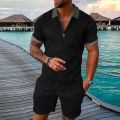 Men's Athletic T-Shirt Set Casual Mesh Lapel Short Sleeve Pullover Tops+Shorts 2-Piece Solid Thin Sporty Suits Black 2pcs Sets.
