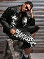 Men Black Non-Stretch Denim Jorts Summer Streetwear Print Baggy Wide Leg Knee Length Hip Hop Casual Shorts Y2K Punk Style.