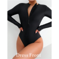 2025 Summer Women Solid Color Long Sleeve Conservative One Piece Swimsuit Chest Front Zipper Black Swimwear Beach Surf Outfit. 