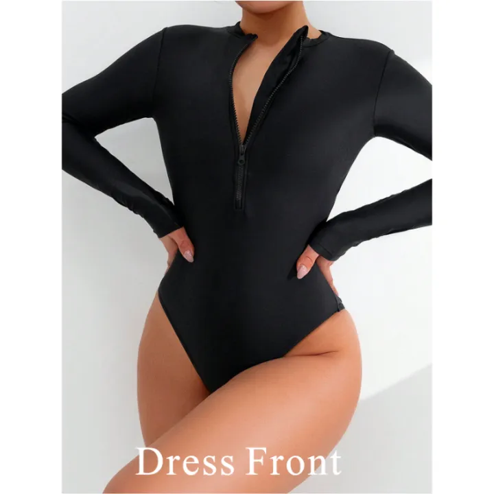 2025%20Summer%20Women%20Solid%20Color%20Long%20Sleeve%20Conservative%20One%20Piece%20Swimsuit%20Chest%20Front%20Zipper%20Black%20Swimwear%20Beach%20Surf%20Outfit%20-%20Image%202