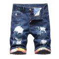 Personalized Ripped Denim Shorts for Men, Retro and Nostalgic Hip-hop High Street Stretch Straight Fashion Short Jeans Male.