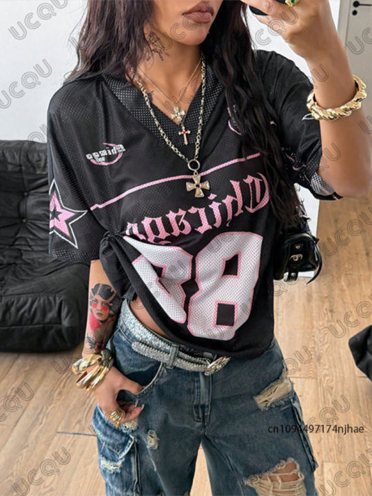 Summer%20New%20Chicago%20No.88%20Print%20T%20Shirt%20For%20Women%20V-Neck%20Patchwork%20Short%20Sleeve%20Sports%20Football%20Jersey%20Y2K%20Loose%20Oversized%20Tops%20-%20Image%205