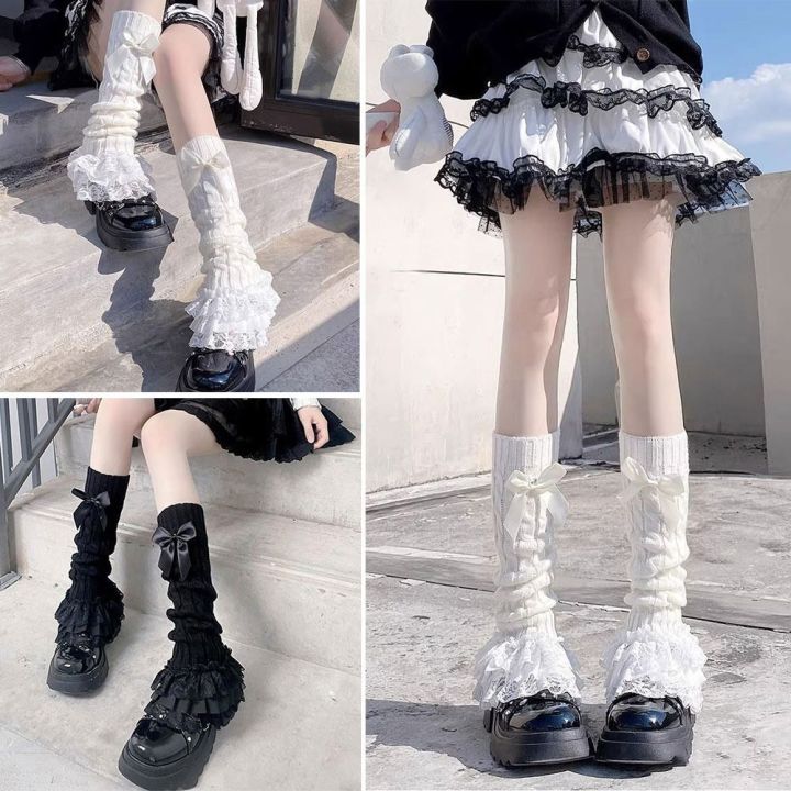 Ruffled Design Knitted Leg Warmer Lace Trim Bow Tiered Lace Lolita Socks Warm Knitted Fabric T-shaped Lace Socks Japanese Style