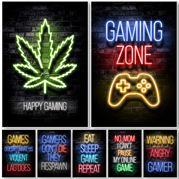 Neon Gaming Gamer Wall Art Posters Prints Gamer Canvas Painting Canvas Picture for Kids Boys Room Decorative Playroom Cuadros